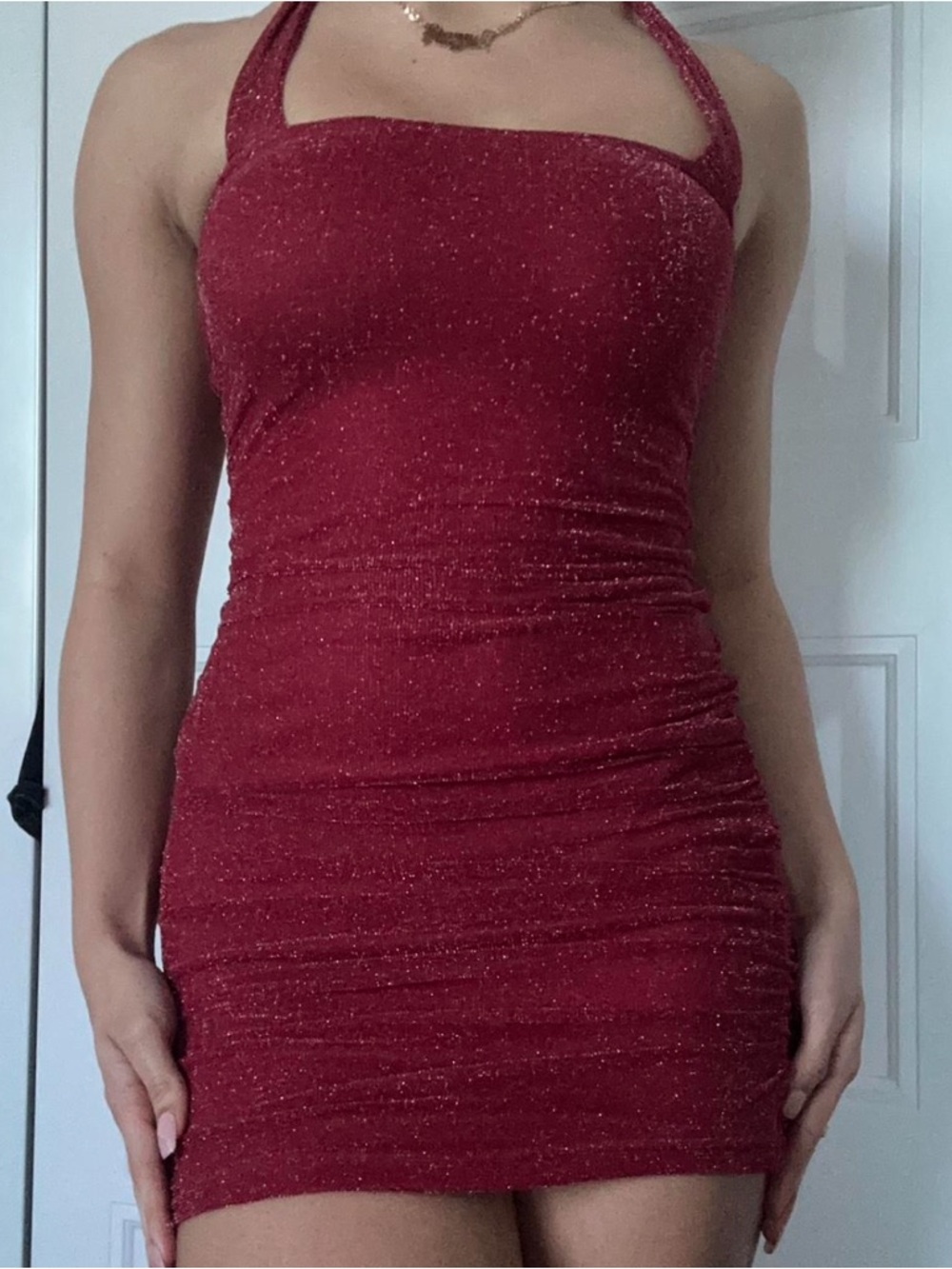 Sparkle Halter Bodycon Mini Dress - Red